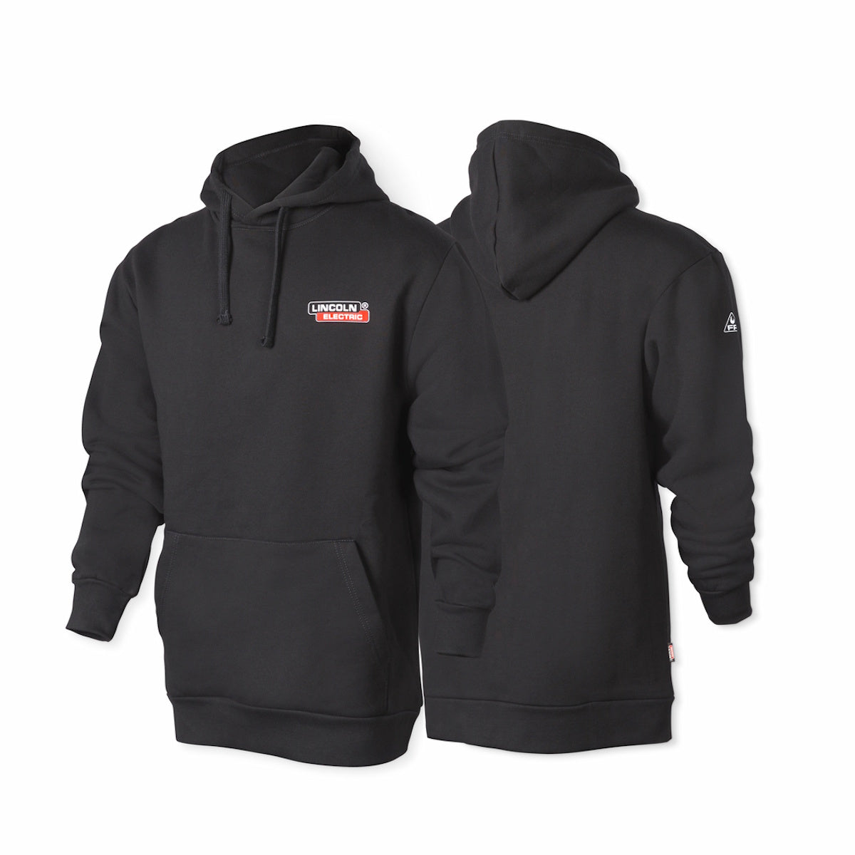 Lincoln Arc Rated FR Welding Sweatshirt K5253 shown front and back in black with hood and small chest logo.