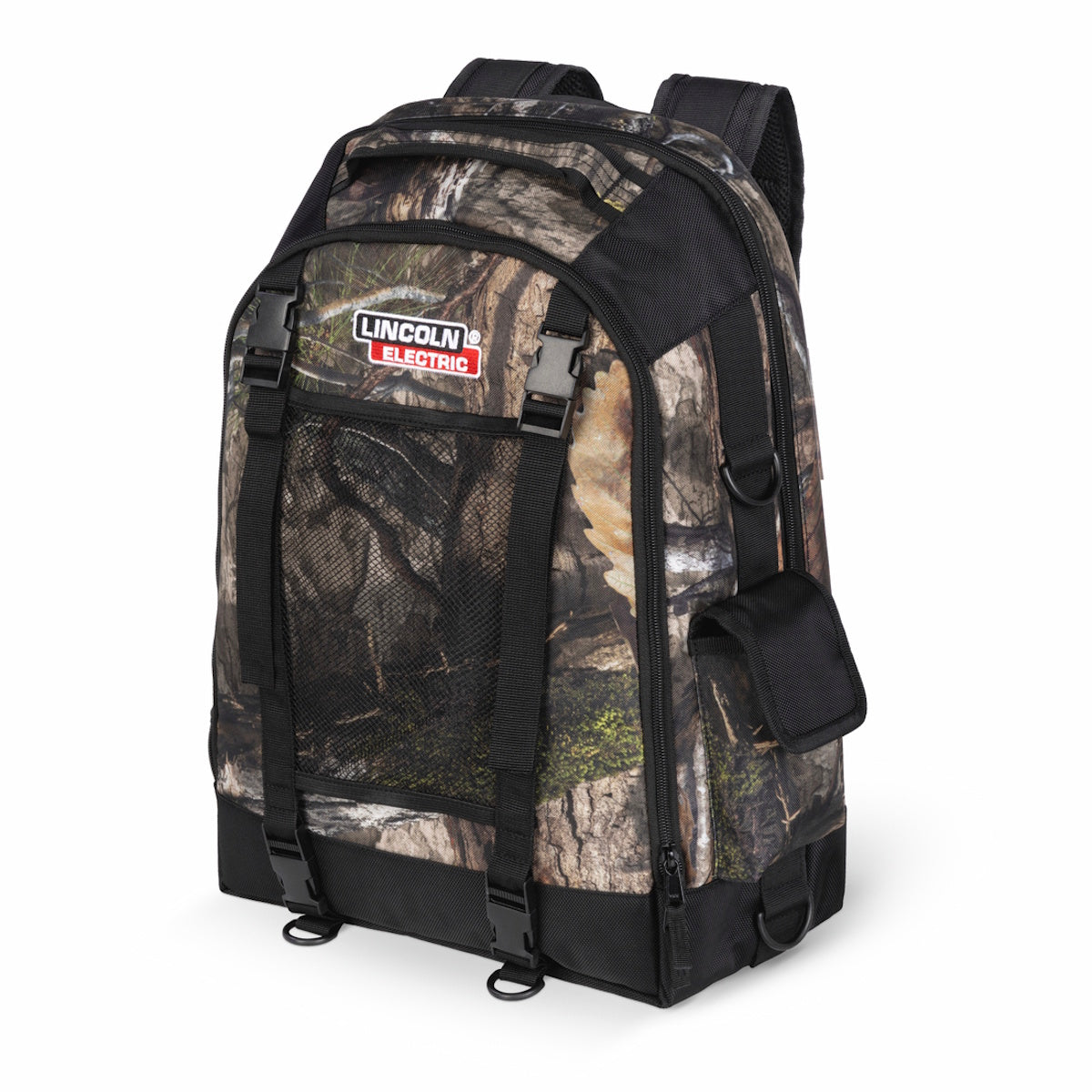 Lincoln Mossy Oak Welders All-In-One Backpack K5273-1 with black straps, mesh front pocket, and a side pouch.