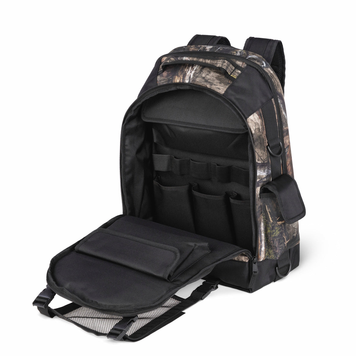 Lincoln Mossy Oak Welders All-In-One Backpack K5273-1 open, revealing organized internal pockets and ample storage space.