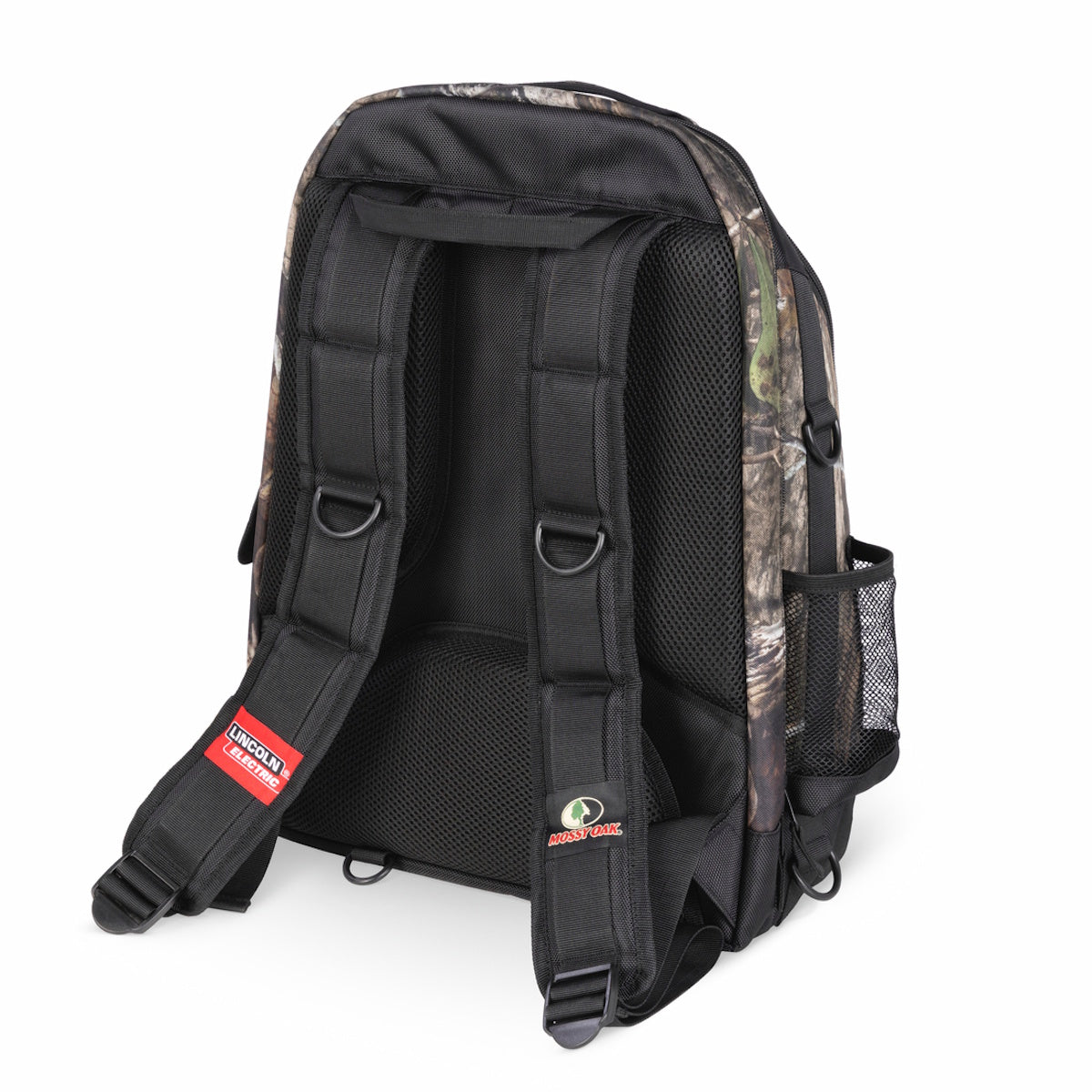 Lincoln Mossy Oak Welders Backpack: padded straps, mesh side pocket, external helmet net; ideal all-in-one gear solution.