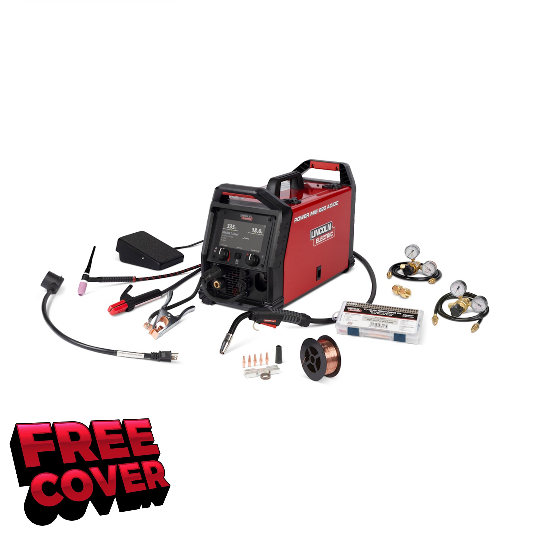 Lincoln Power MIG 220 AC/DC Welder, accessories  cables shown; FREE COVER visible bottom left. Lincoln Power MIG 220 AC/DC.