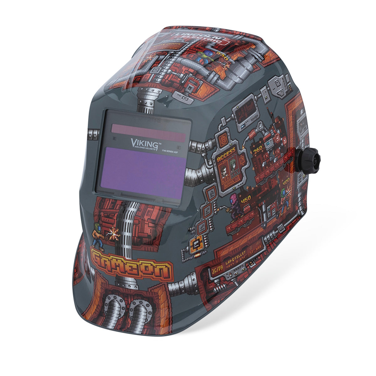 Lincoln Viking 1740 Game On Welding Helmet with 4C Lens Tech and bold circuit board pattern for enhanced style and visibility.