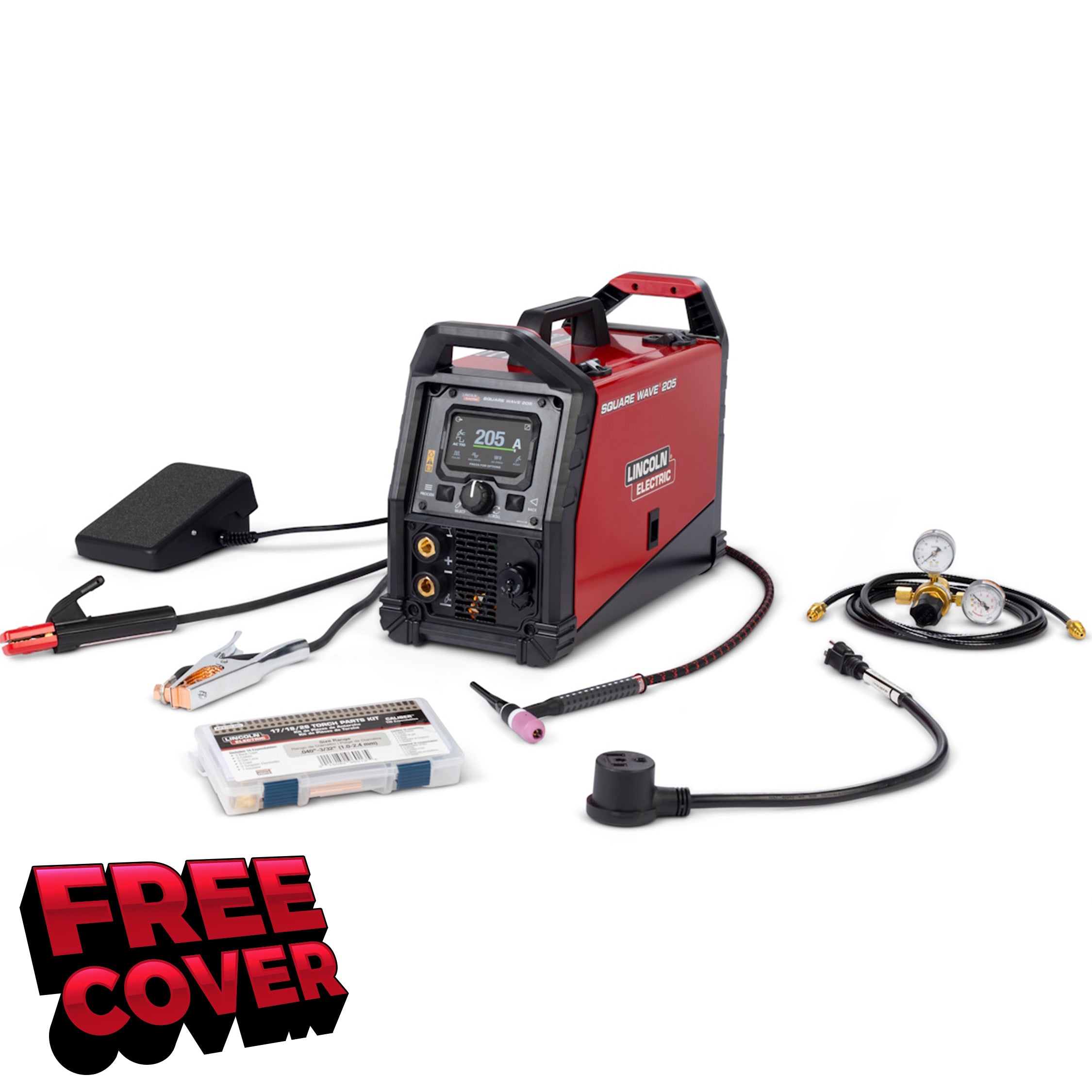 The Lincoln Square Wave 205 AC/DC TIG/Stick Welder (K5613-1) for aluminum welding includes cables, foot pedal, torch, connectors, gas regulator, and parts box. "FREE COVER" is shown in bold red and white at the bottom left corner.