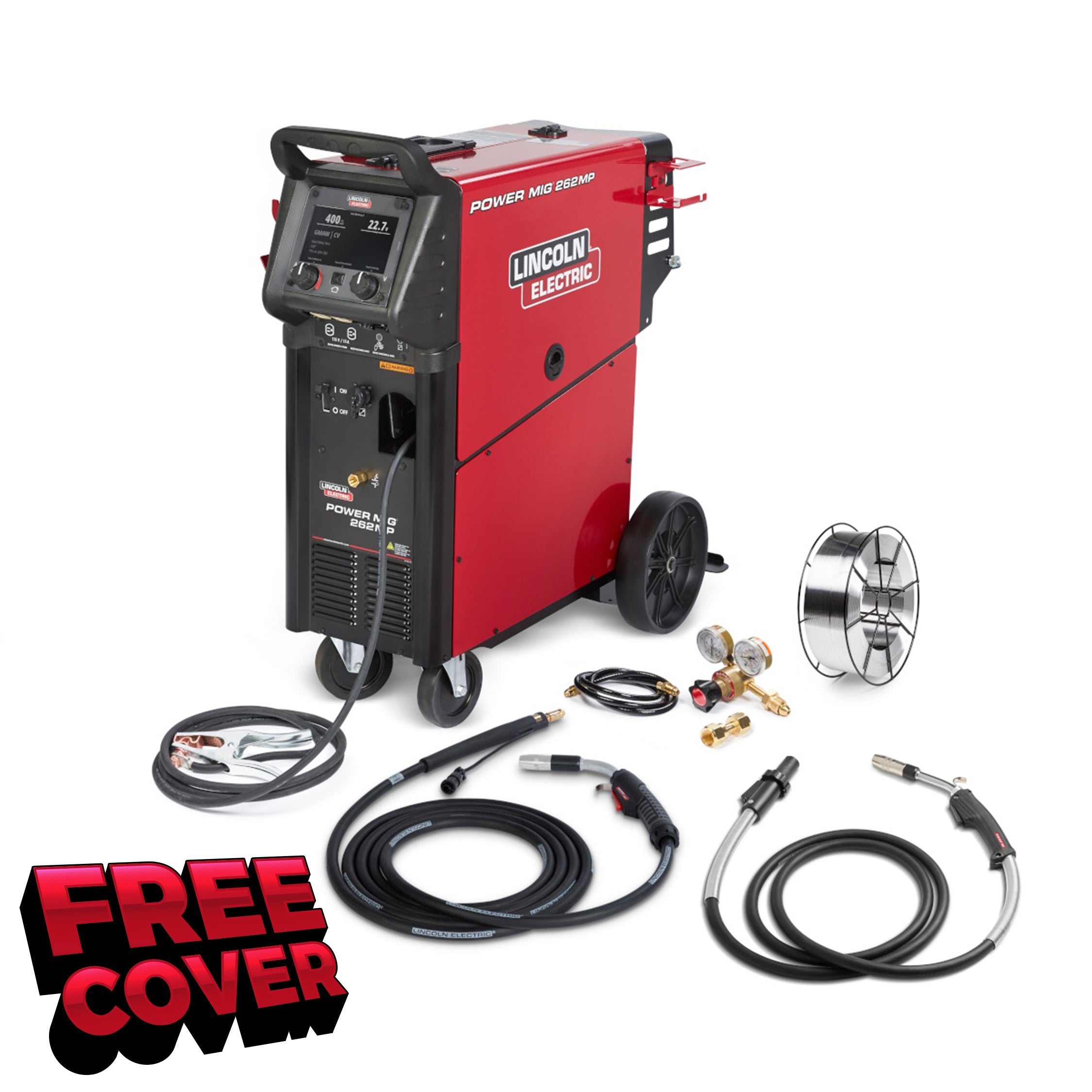 Lincoln Power MIG 262MP Multiprocess Welder w/Pulse Aluminum One-Pak Push-Gun, includes cables, wire, and a free cover.