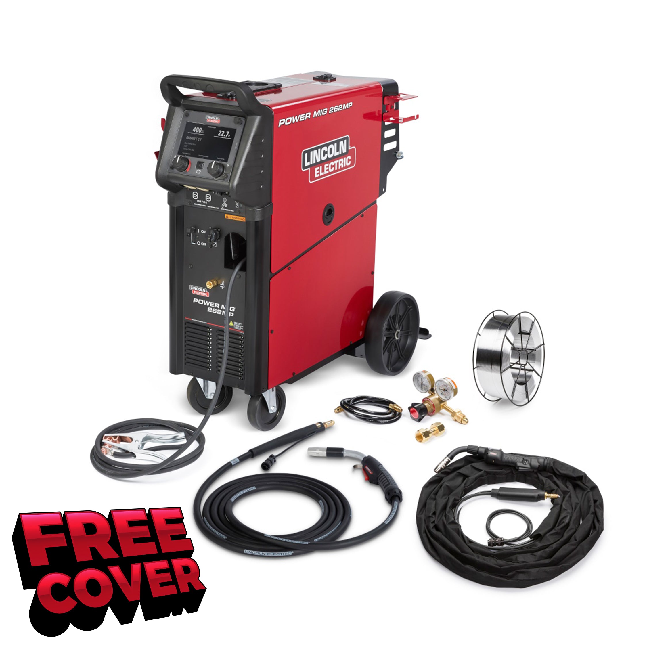 Lincoln Power MIG 262MP Multiprocess Welder bundle with accessories, cables, and free cover. Lincoln Power MIG 262MP.