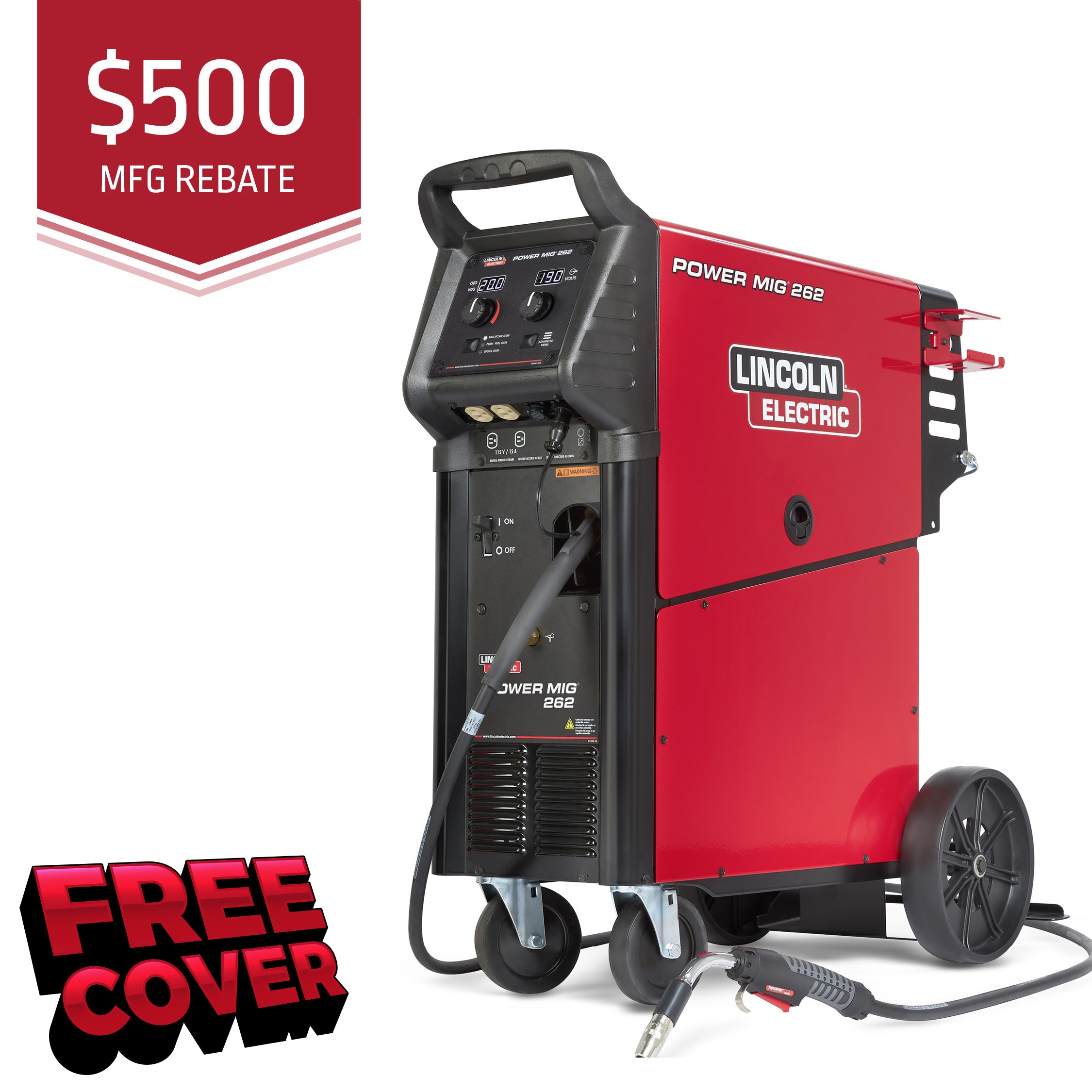 Lincoln Power Mig 262 Welder 208-575V, industrial wire drive, includes 500 rebate and free cover.