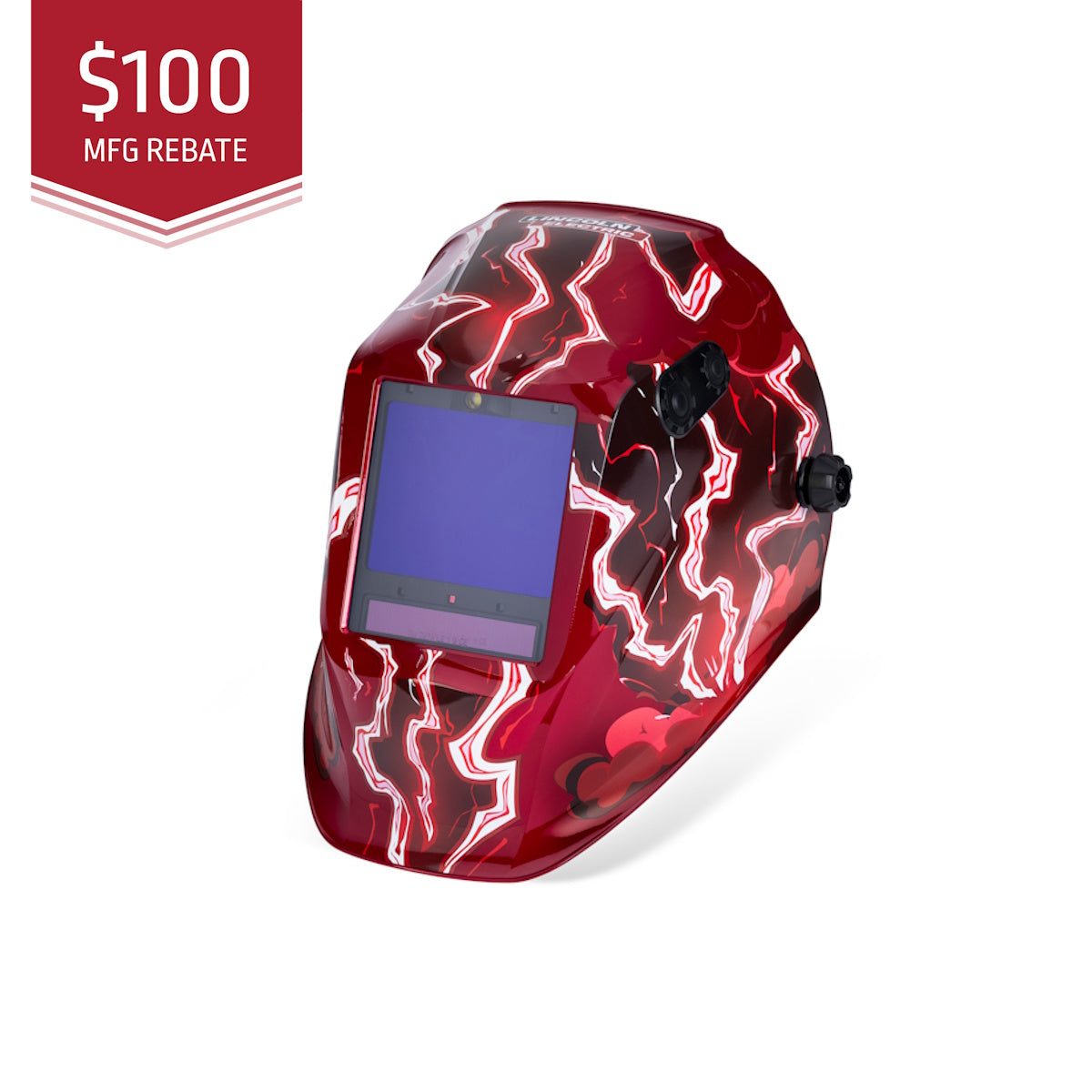 Lincoln Viking 3350 ADV Series Red Strike Welding Helmet K5754-5 featured with 100 rebate banner visible.