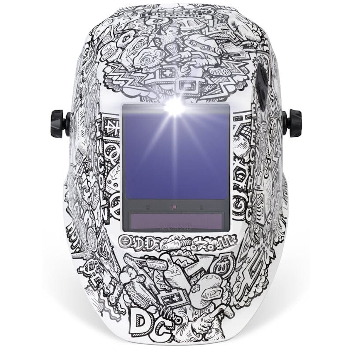 Lincoln Viking 3350 ADV Series Graffiti Welding Helmet K5760-5 showcases bold black and white doodle-inspired artwork.