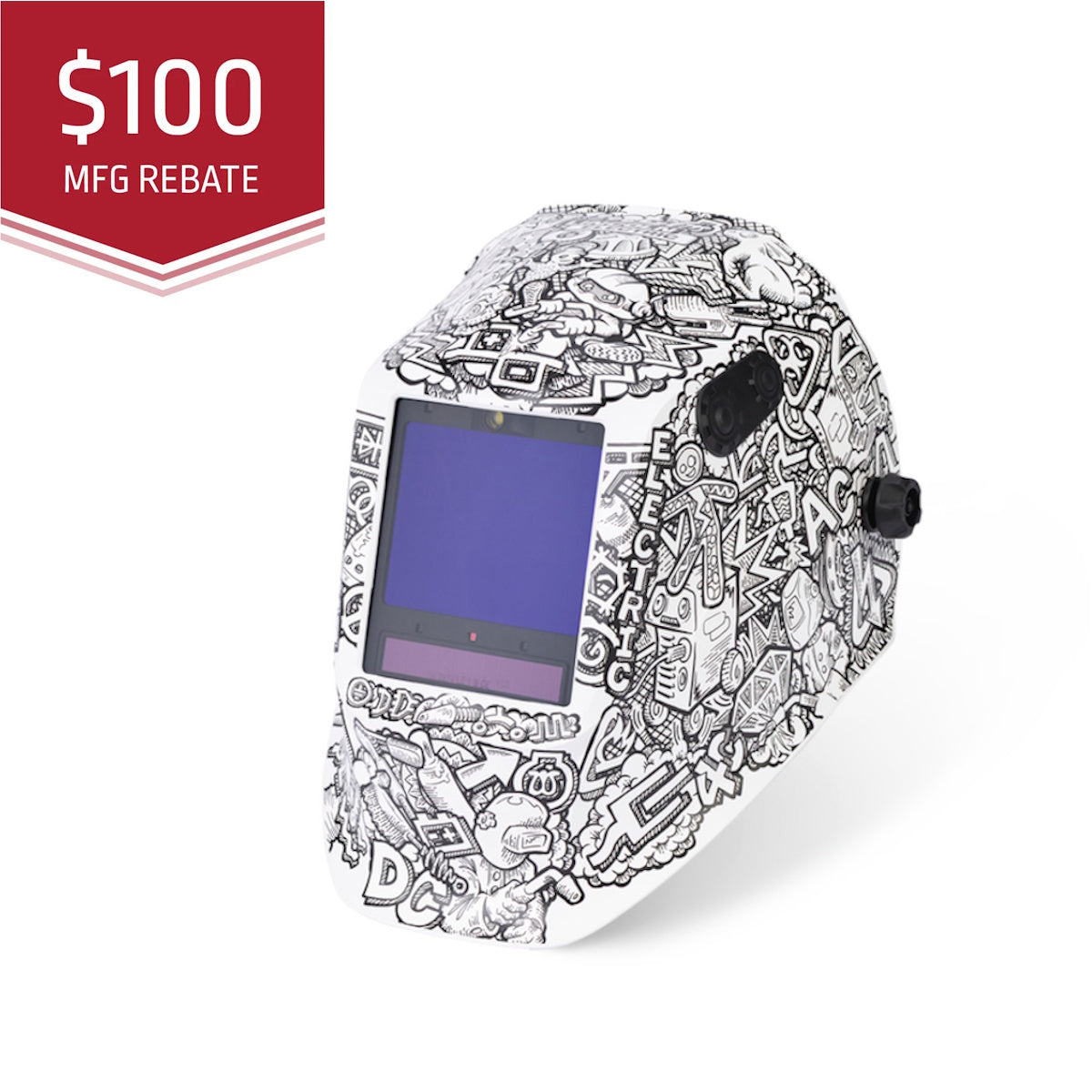 Lincoln Viking 3350 ADV Series Graffiti Welding Helmet K5760-5, 100 MFG rebate badge at top left corner.