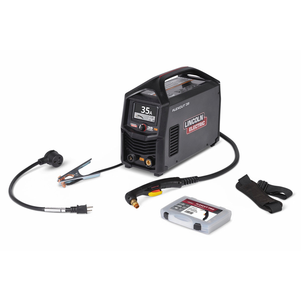 Lincoln FlexCut 35 Plasma Cutter K5821-H with 25 ft hand torch, cables, clamp, strap, case  high duty cycle.