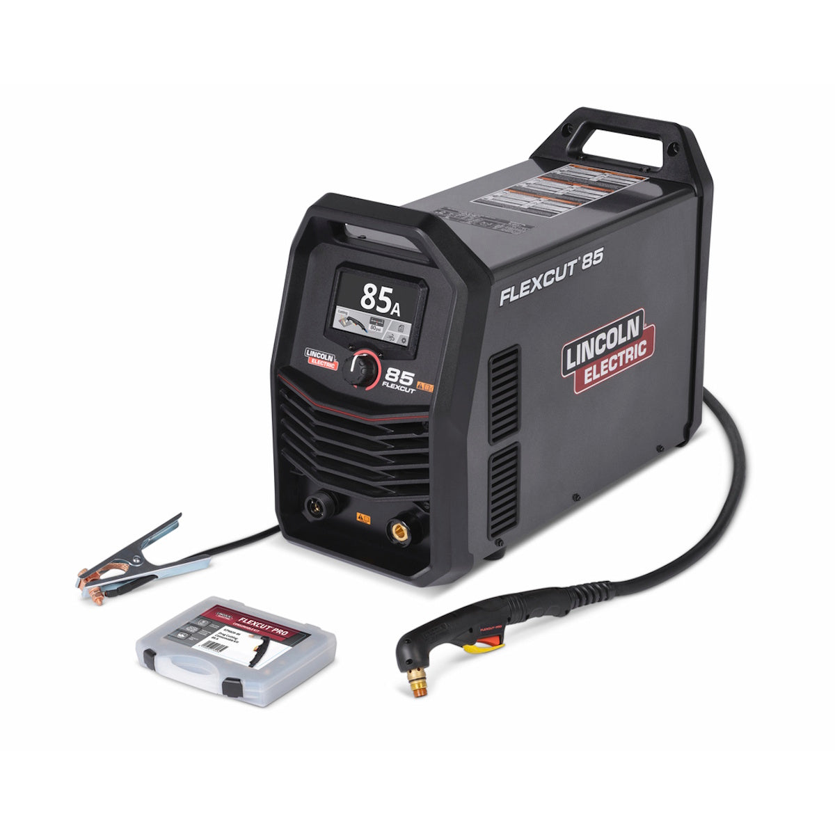 Lincoln FlexCut 85 Plasma Cutter w/25 Ft FlexConnect Torch K5826-H, shown with cables and small accessories case.