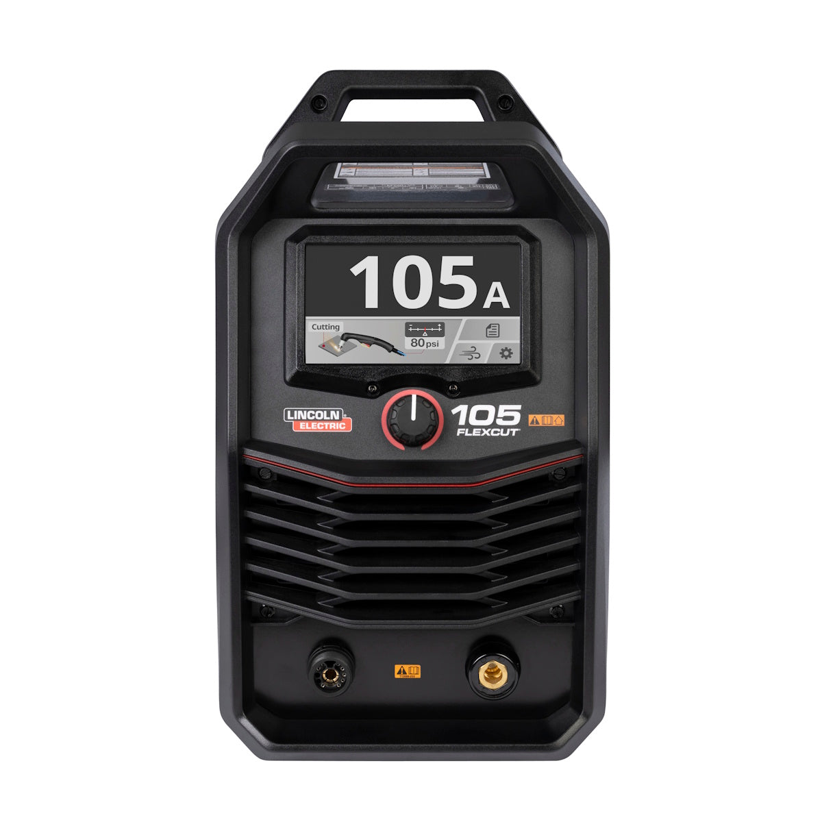 Lincoln FlexCut 105 Plasma Cutter front view w/25 Ft FlexConnect Mech Torch, display at 105A, CNC-ready.