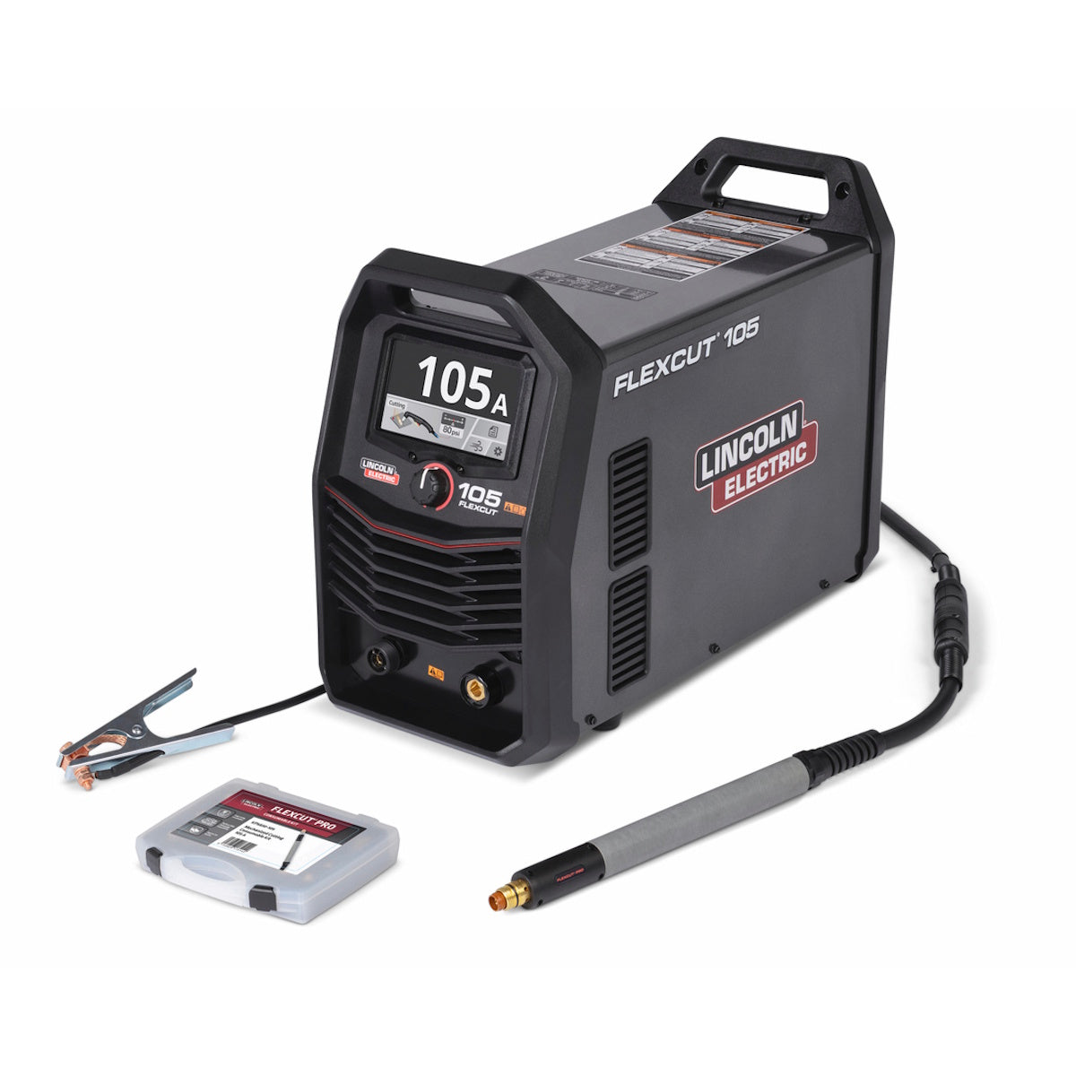 Lincoln FlexCut 105 Plasma Cutter includes a 25 ft FlexConnect torch, is CNC ready, and comes with a compact accessories case.