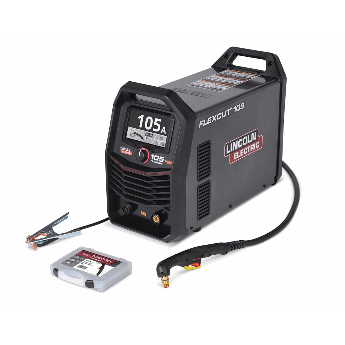 Lincoln FlexCut 105 Plasma Cutter K5827-H with 25 ft hand torch, cables, and case displayed on a white background.