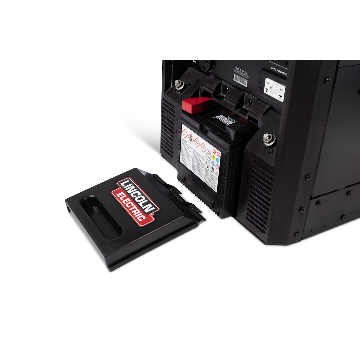 Lincoln Ranger 230MP battery compartment open, battery exposed with cover removed.