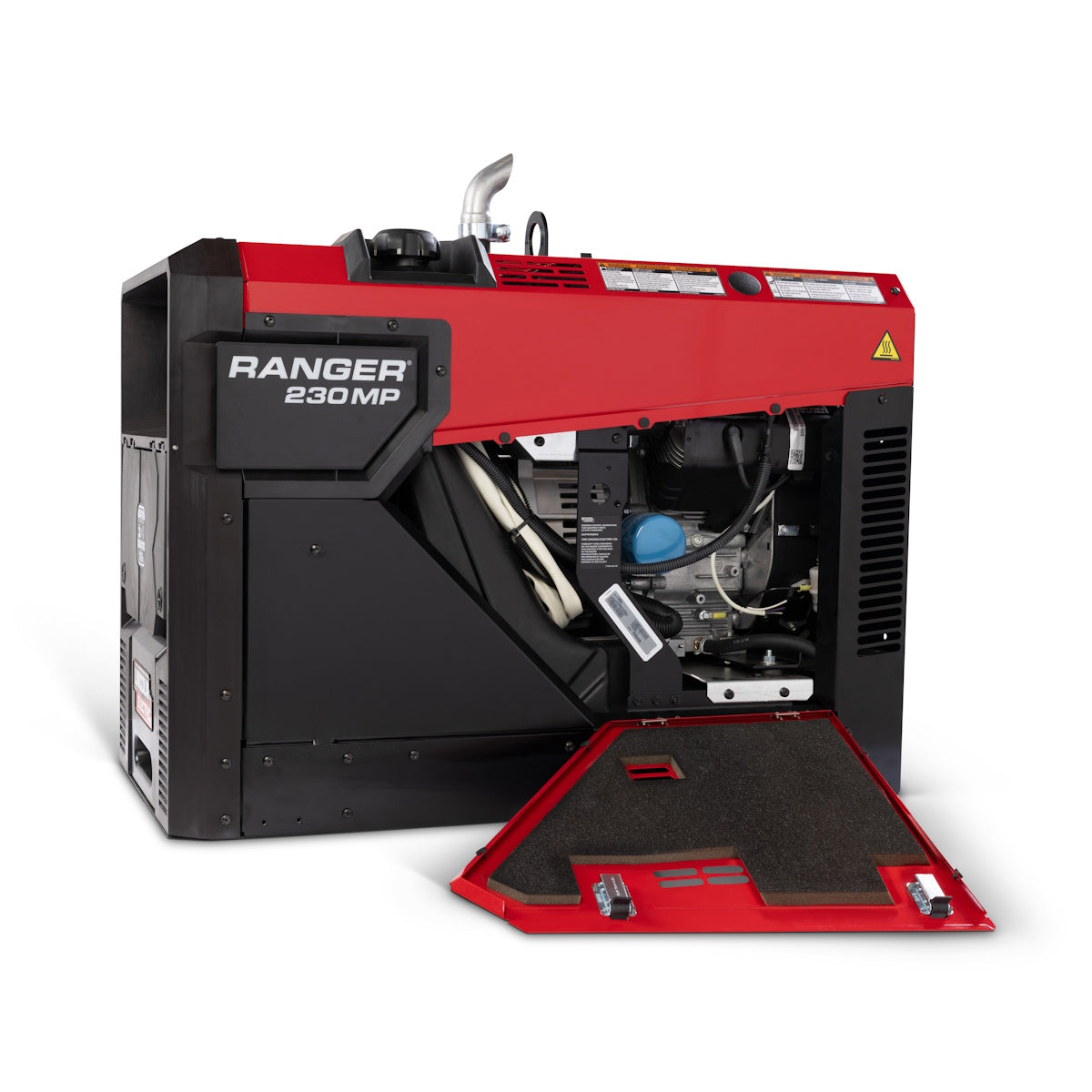 Lincoln Ranger 230MP Welder K5938-1 with open panel, showing internal parts at jobsite. Lincoln Ranger 230MP Welder.