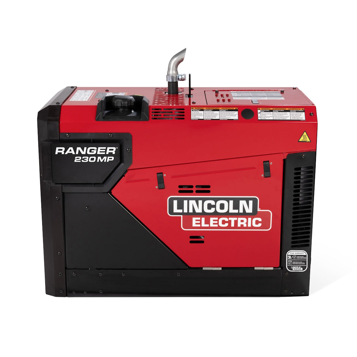 Lincoln Ranger 230MP Engine Driven Welder K5938-1, red/black, shown compact from side with top exhaust pipe.