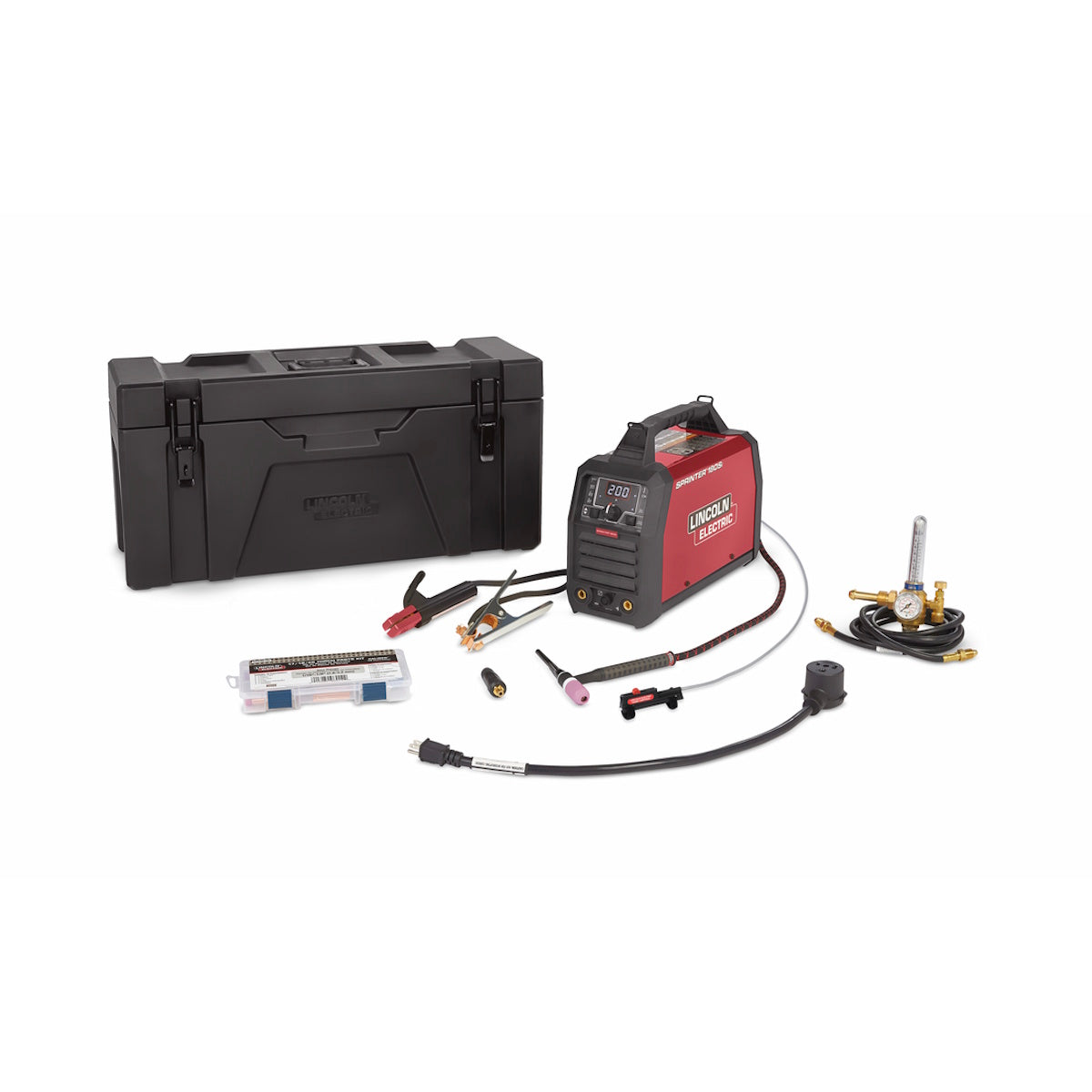 Lincoln Sprinter 180Si Stick/Tig Welder One-Pak w/Hand Amptrol K5953-2, black toolbox, and accessories on white.