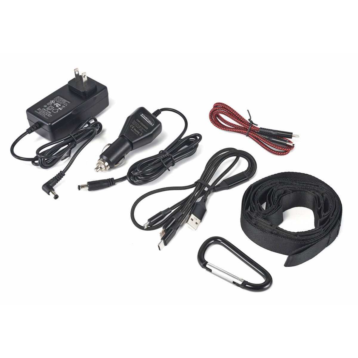Lincoln Start All Battery Jump Pack 10000A 12V K5960-1 kit with wall adapter, car charger, USB cable, and accessories.