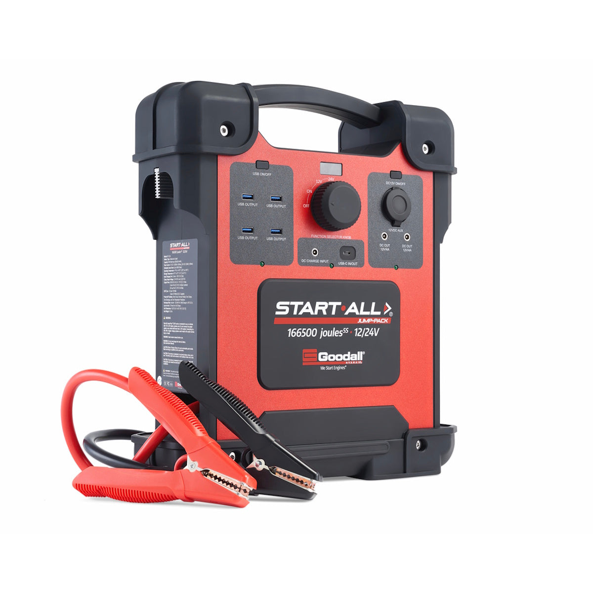 Lincoln Start All Battery Jump Pack 10000A 12V/24V K5963-1 with a central dial, USB ports, and thick jumper cables.