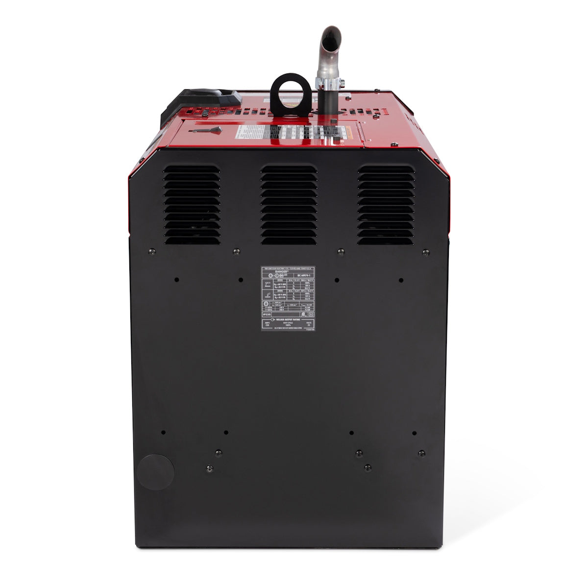 Lincoln Ranger 330MP welder generator, black and red with handle, rear view on white background.