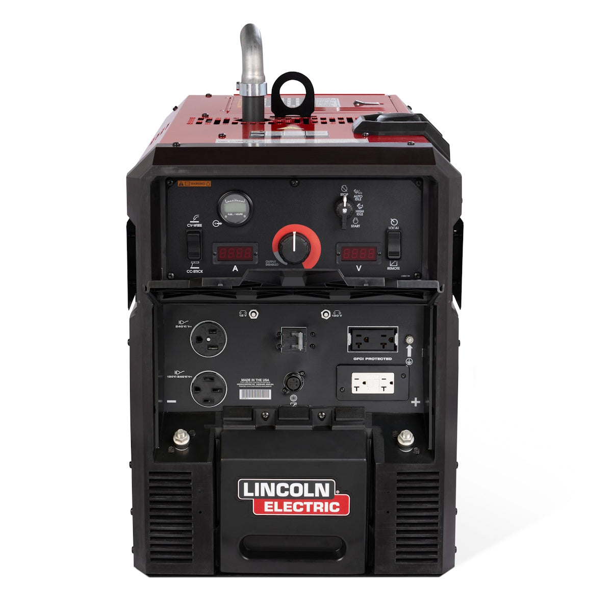 Lincoln Ranger 330MP welder, front view with control knobs, outlets, and top handle visible.