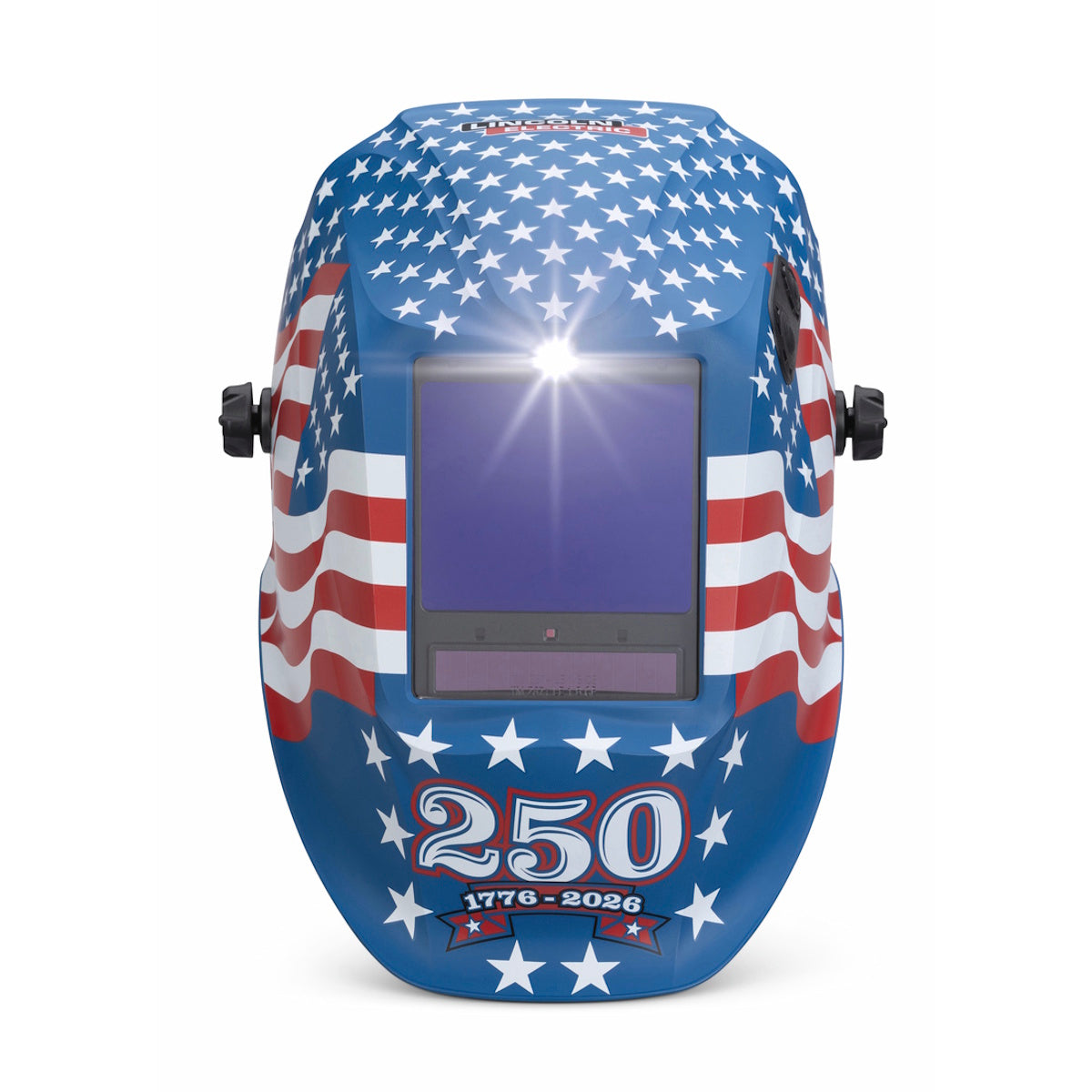 The Lincoln Viking 3350 ADV Limited Edition 250th Star Spangled Welding Helmet (K6064-5) features stars, red, white, and blue stripes like the American flag, 4C Optics, "250," and "1776-2026" on the front.
