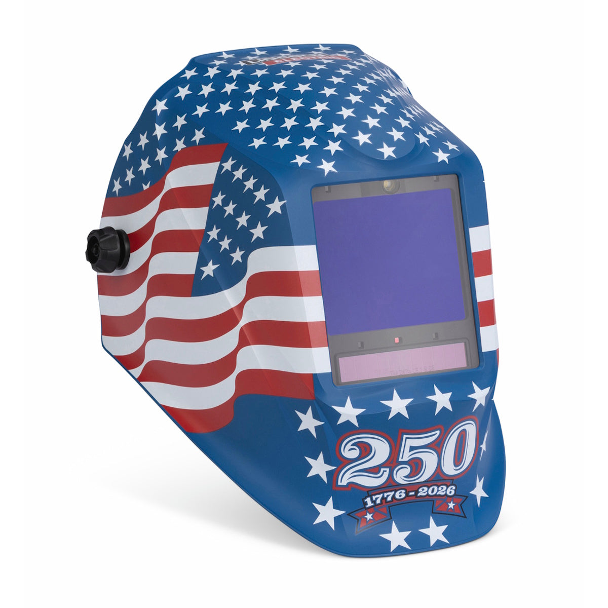 The Lincoln Viking 3350 ADV Limited Edition 250th Star Spangled Welding Helmet (K6064-5) features an American flag, stars, and "250" above "1776-2026," celebrating the 250th anniversary of the United States.