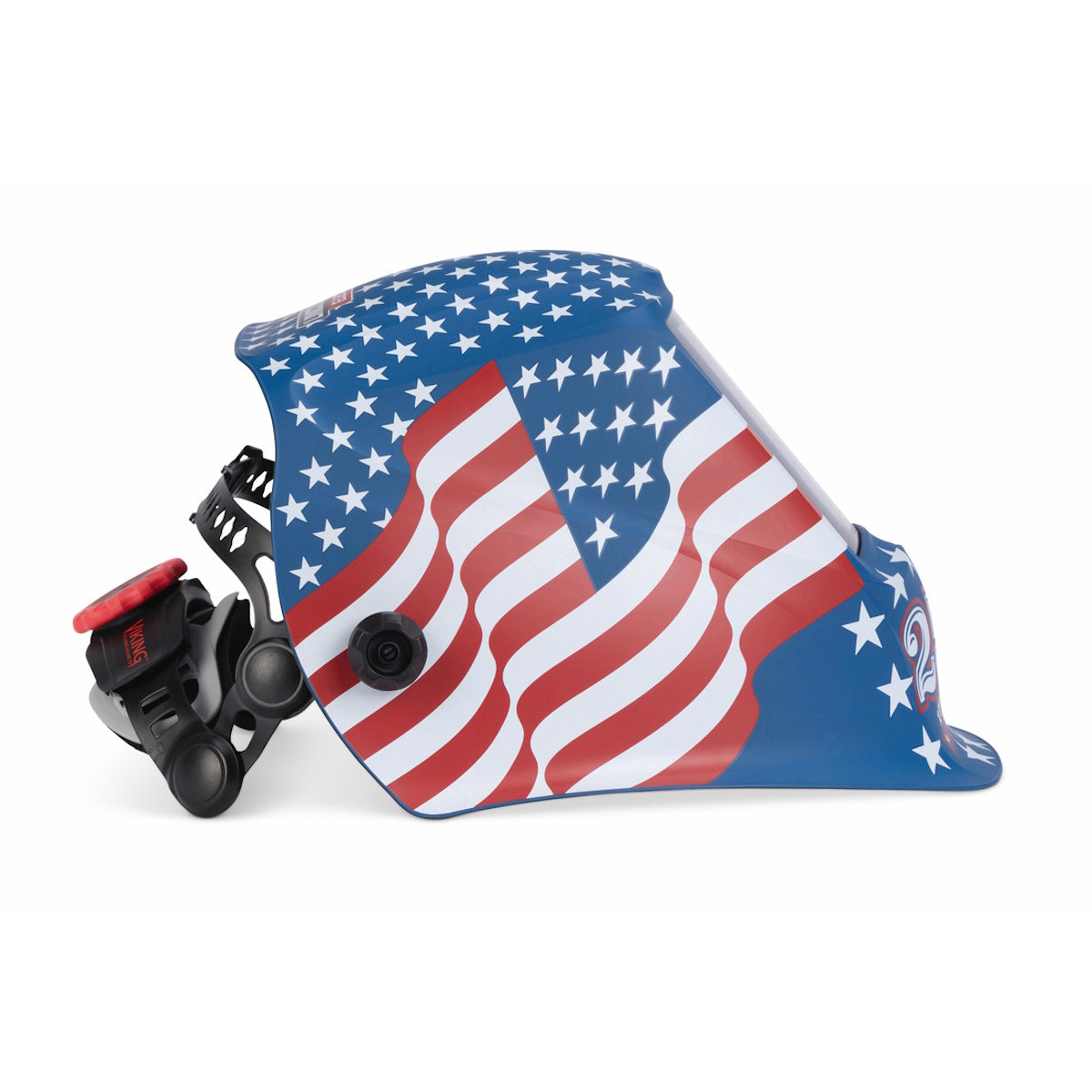 The Lincoln Viking 3350 ADV Limited Edition 250th Star Spangled Welding Helmet (K6064-5) showcases an American flag design with blue, red, white, and black accents and features 4C Optics for superior clarity.