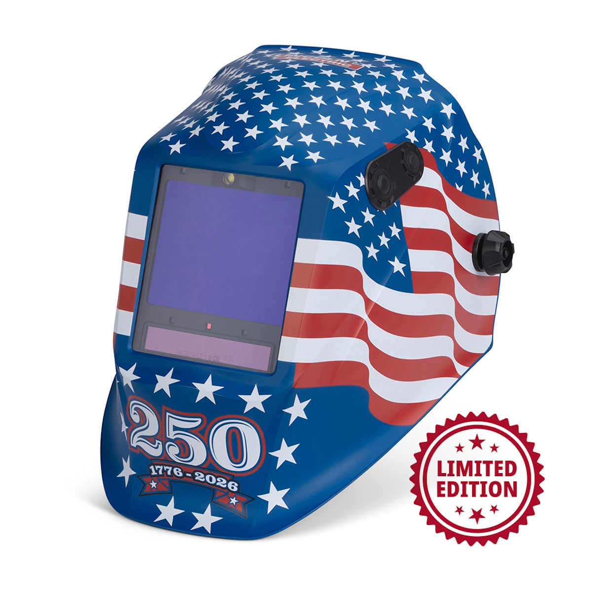 The Lincoln Viking 3350 ADV Limited Edition 250th Star Spangled Welding Helmet (K6064-5) features an American flag, stars, “250 1776-2026” graphics, 4C Optics, and a red Limited Edition stamp to celebrate the USA’s 250th anniversary.