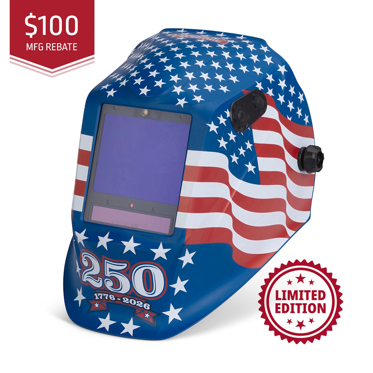 The Lincoln Viking 3350 ADV Limited Edition 250th Star Spangled Welding Helmet (K6064-5) features an American flag design, "250" and "1776-2026" on the front, 4C Optics tech, a red LIMITED EDITION stamp, and a $100 MFG REBATE banner.
