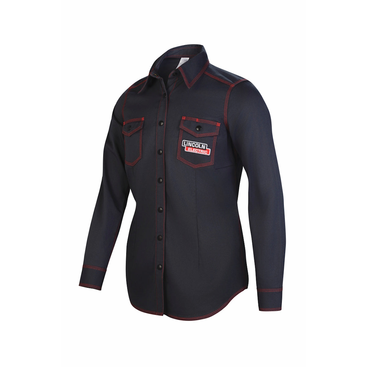Lincoln Signature Series FR Black Work Shirt K6124 with red contrast stitching, Kevlar triple stitching, and chest logo.