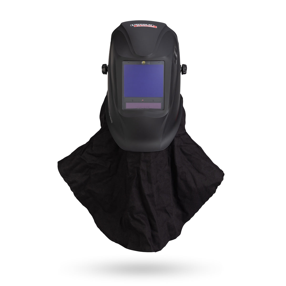 Lincoln Viking 3350 LED PAPR System black helmet with rectangular viewing area and drape, by Lincoln.