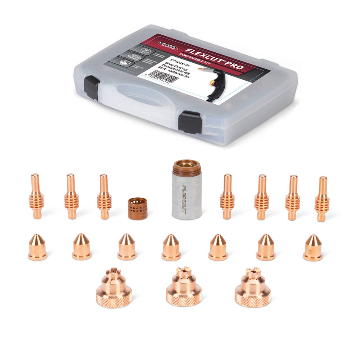 Lincoln FlexCut PRO 35A Drag Cutting Consumables Kit KP5829-35 with parts displayed alongside a marked storage case.