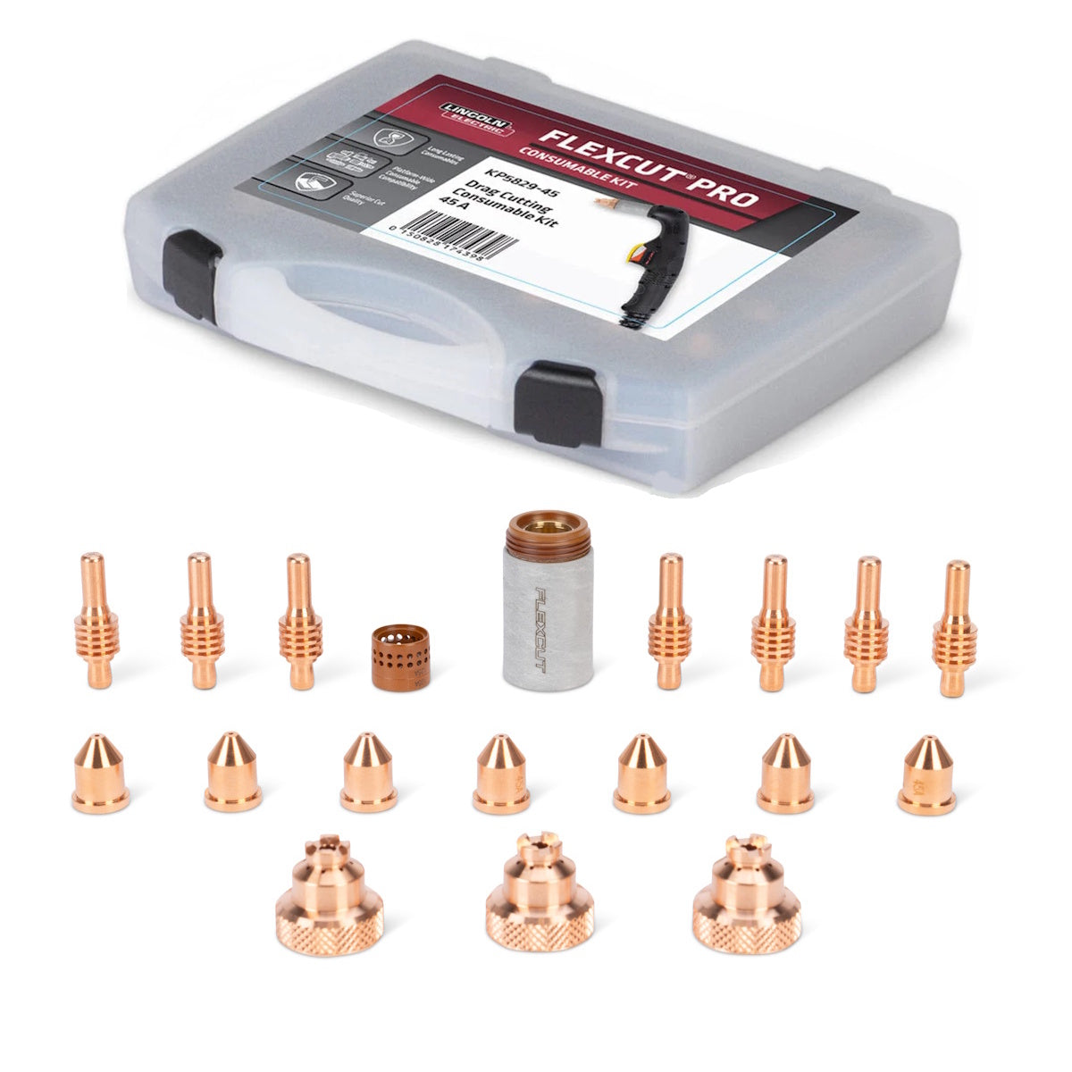 Lincoln FlexCut PRO 45A Drag Cutting Kit KP5829-45 including nozzles, tips, and a gray hard case by Lincoln.