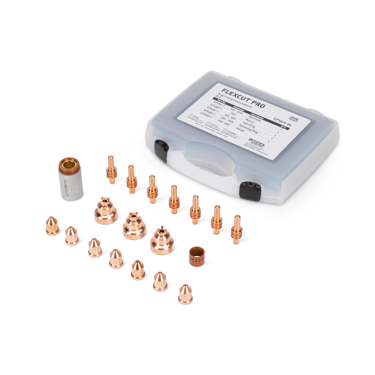 Lincoln FlexCut PRO 85A Drag Cutting Consumables Kit KP5829-85 with copper nozzles, electrodes, and case.
