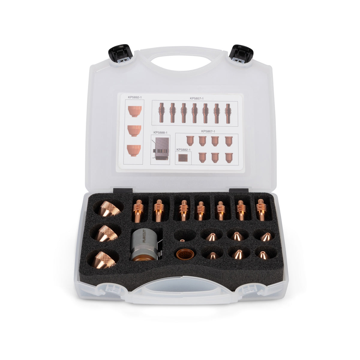 Lincoln FlexCut PRO 125A Consumables Kit KP5830-125 stored in a plastic case with labeled slots for easy organization.