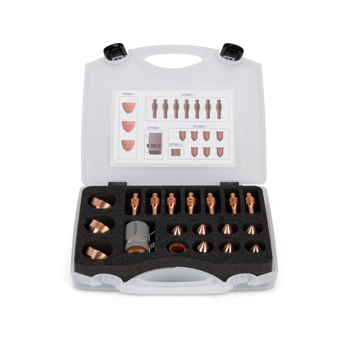 Lincoln FlexCut PRO 85A Kit KP5830-85 with plastic case displaying neatly arranged copper nozzles for mechanized torch.