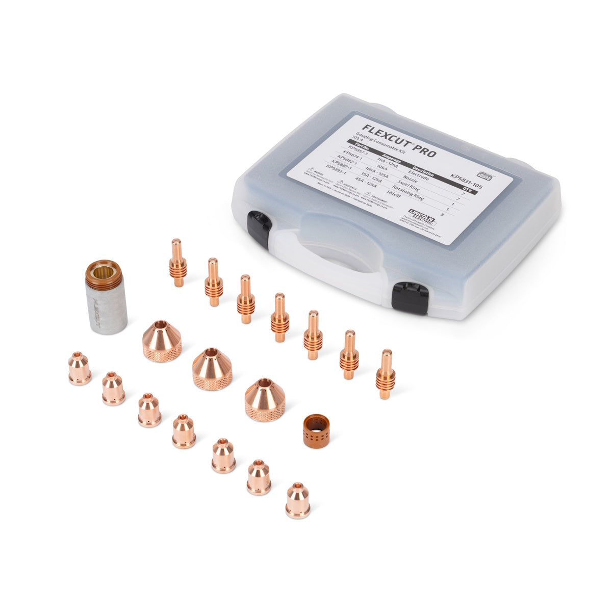 Lincoln FlexCut PRO 105A Gouging Consumables Kit KP5831-105 shown in front of a hand torch case labeled with the product title.