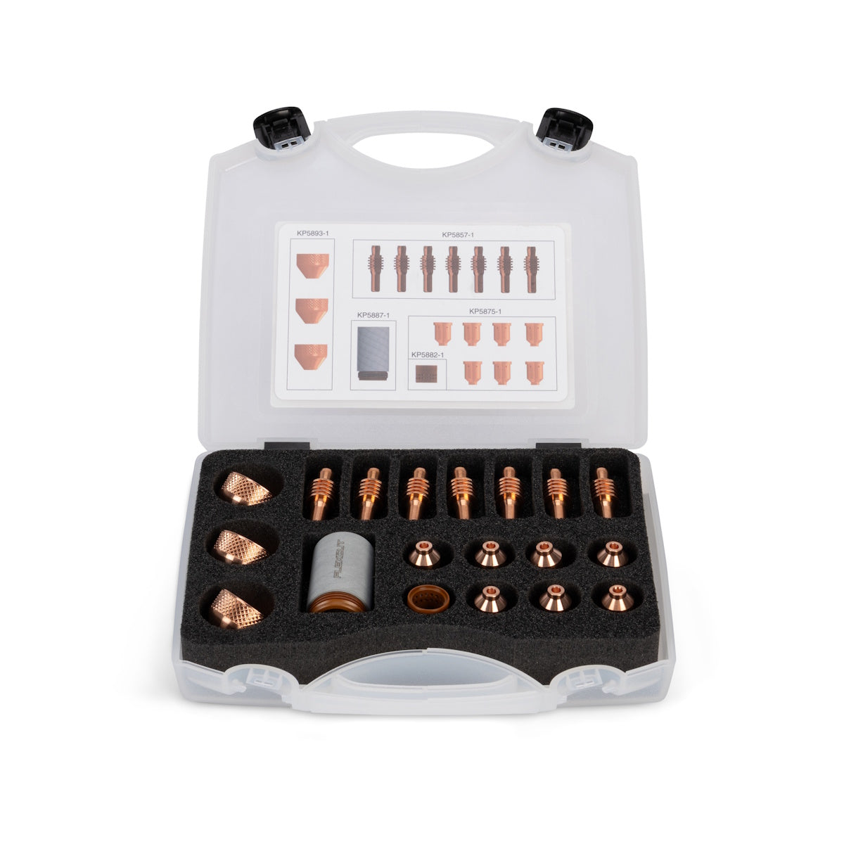 Lincoln FlexCut PRO 125A Consumables Kit KP5831-125 with assorted plasma parts in a black, foam-lined plastic storage case.