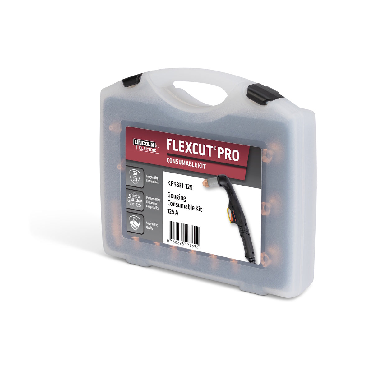 Gray Lincoln FlexCut PRO 125A Gouging Consumables Kit KP5831-125, fits FlexCut 125 and Lincoln 125A plasma cutters.