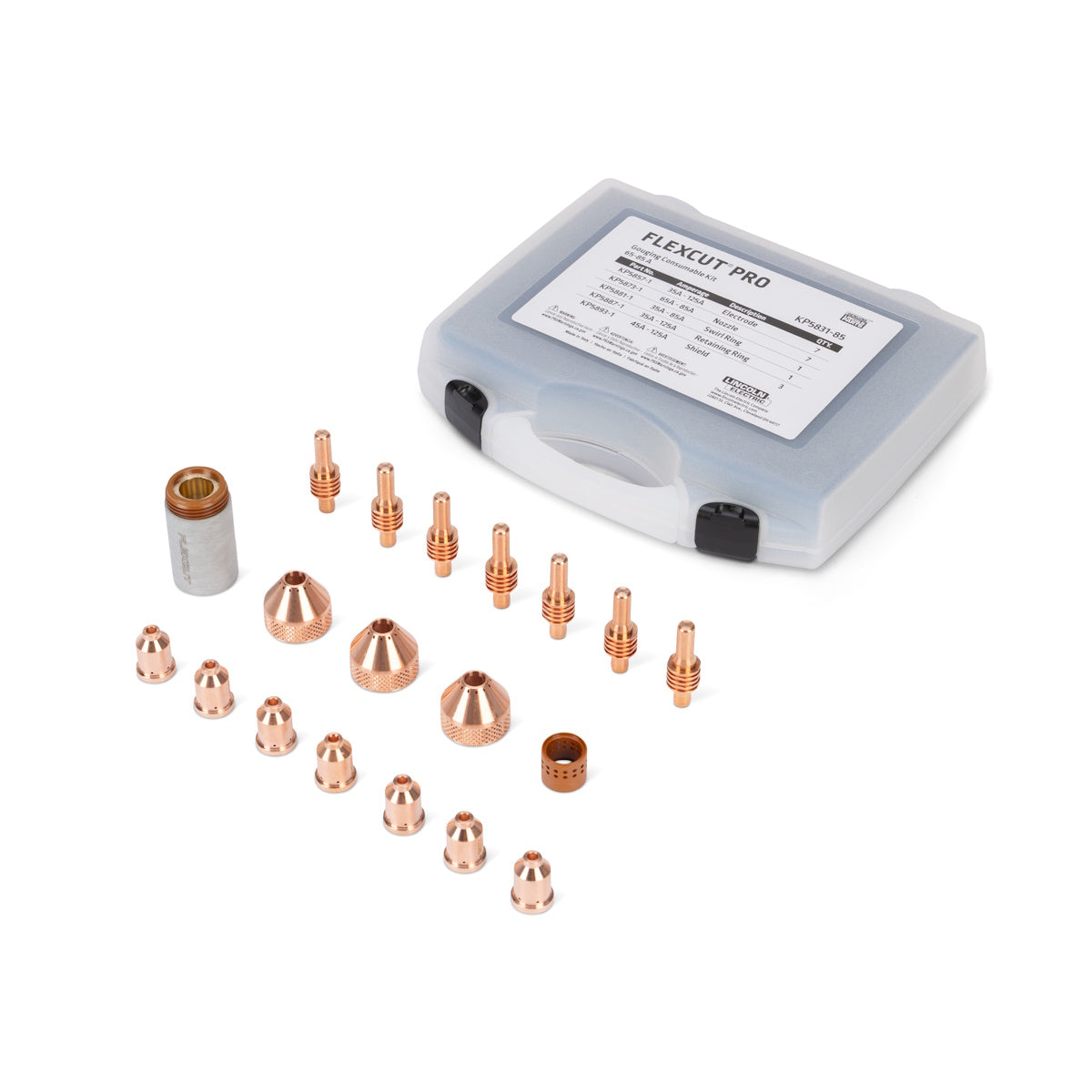 Lincoln FlexCut PRO 85A Gouging Consumables Kit KP5831-85 displayed neatly in front of its branded storage case.