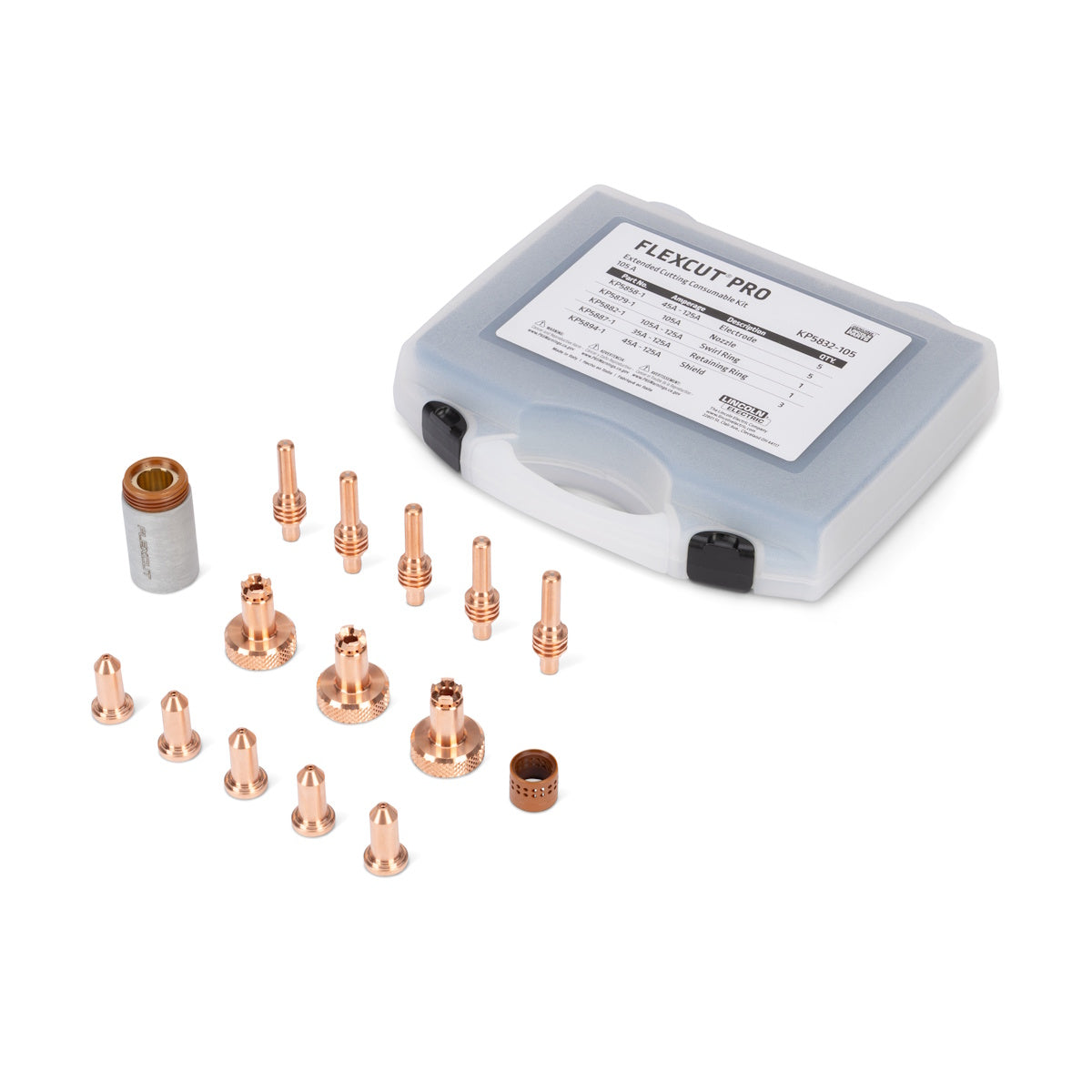 Lincoln FlexCut PRO 105A Consumables Kit KP5832-105 displayed with included nozzles beside a branded Lincoln storage case.