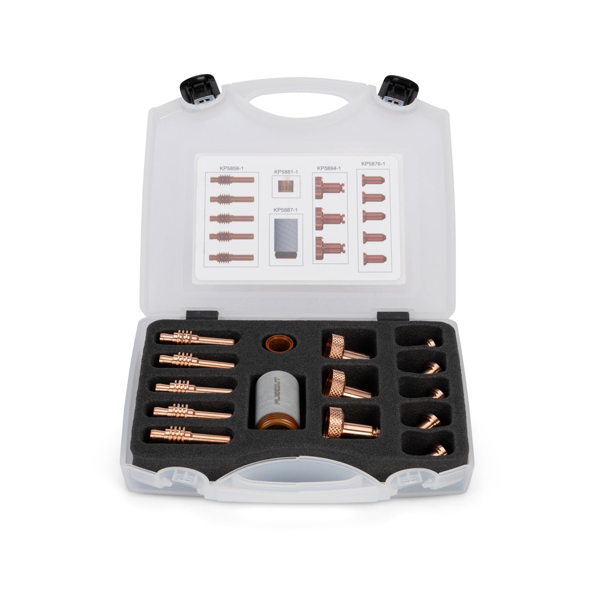 Lincoln FlexCut PRO 45A Kit KP5832-45, copper tips set in black foam, displayed inside open plastic carrying case.