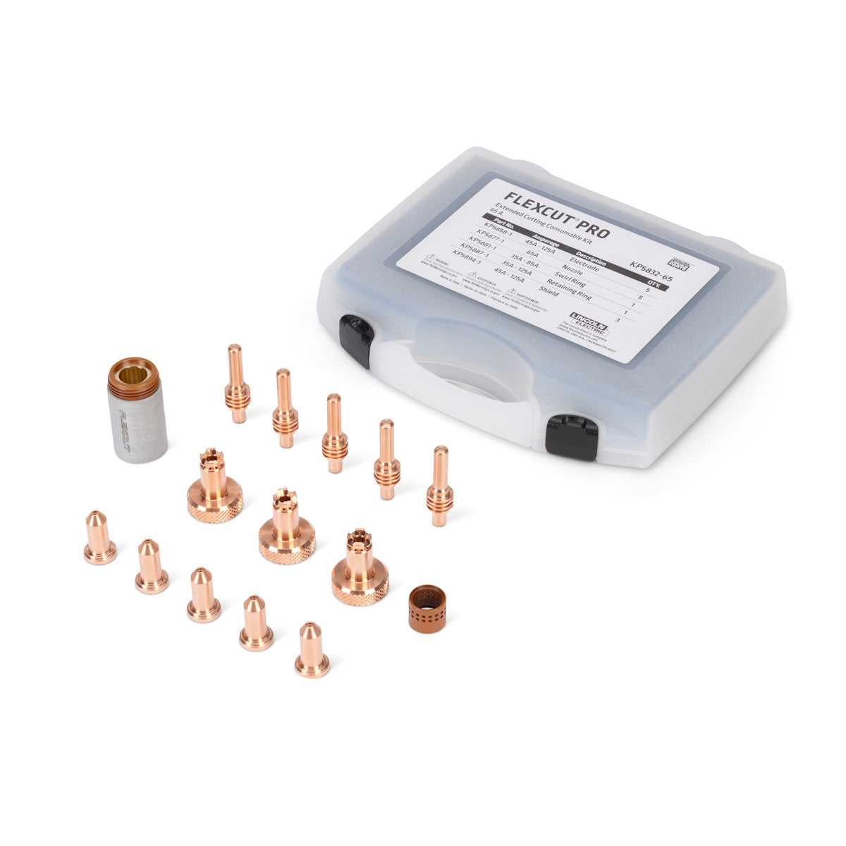 Copper torch tips for hand torches in a labeled case; Lincoln FlexCut PRO 65A Extended Kit KP5832-65.