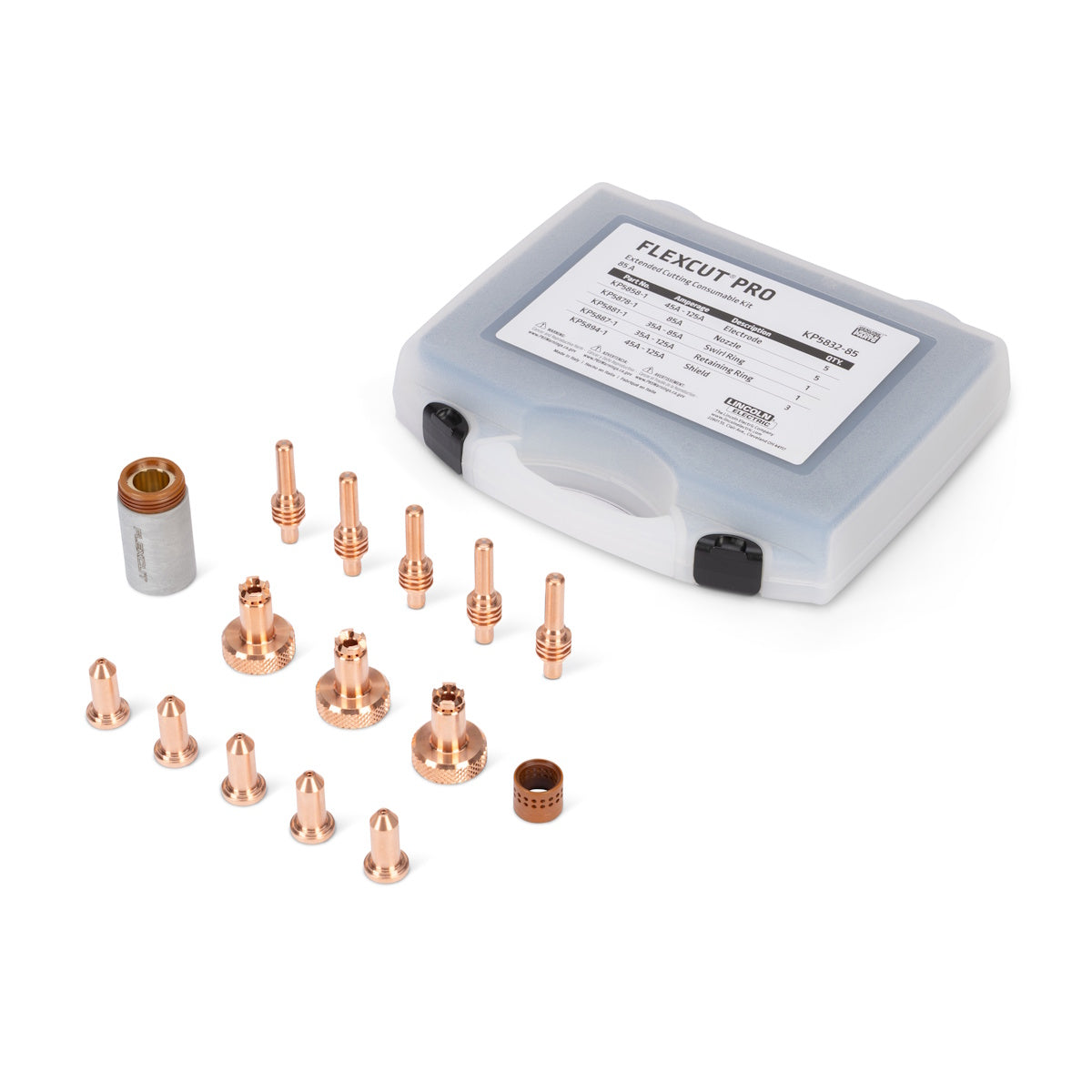 Lincoln FlexCut PRO 85A Extended Cutting Consumables Kit KP5832-85—plasma torch parts, compatible and durable.
