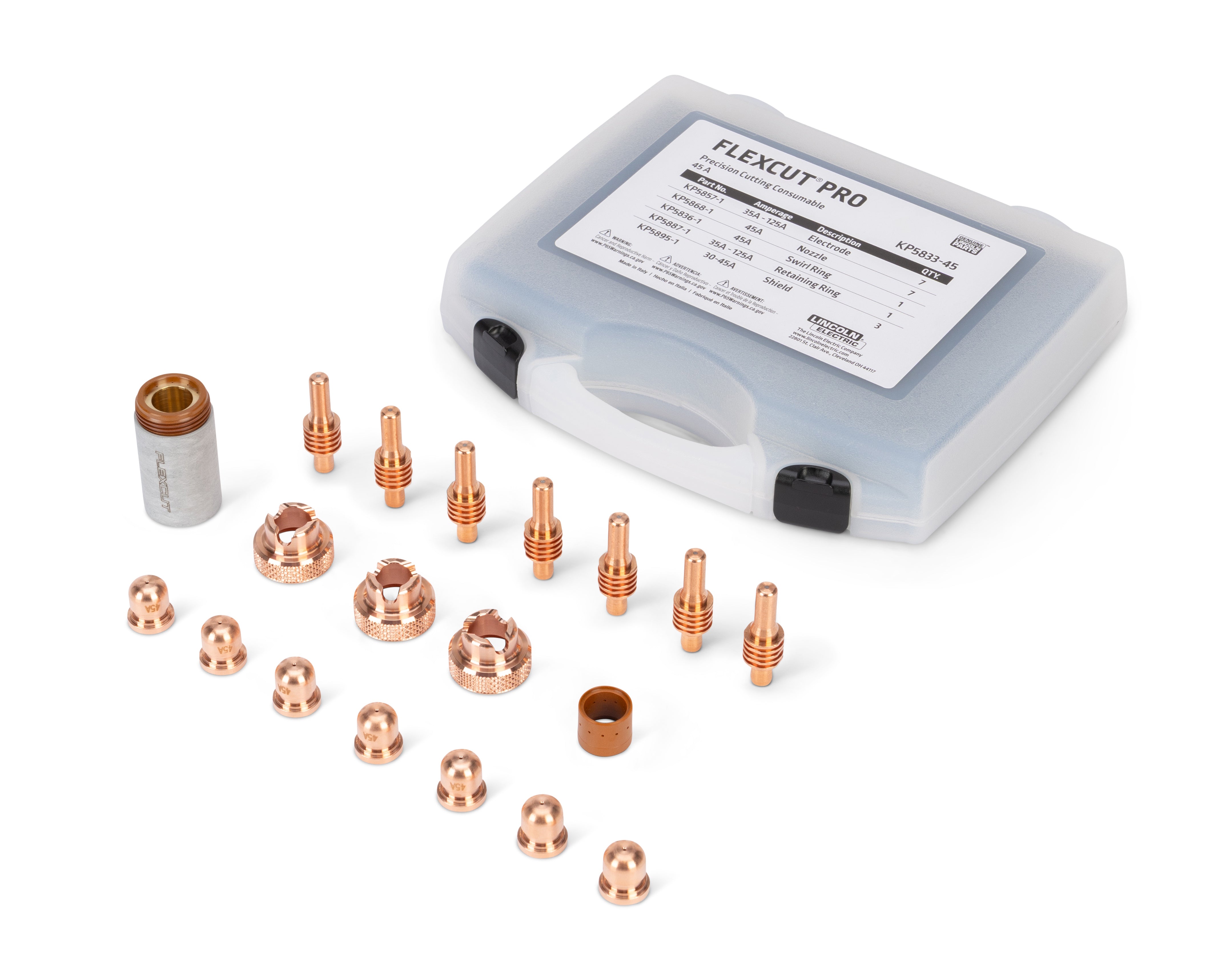 Lincoln FlexCut PRO 45A Precision Cutting Consumables Kit KP5833-45 parts displayed, prior to placement in labeled case.
