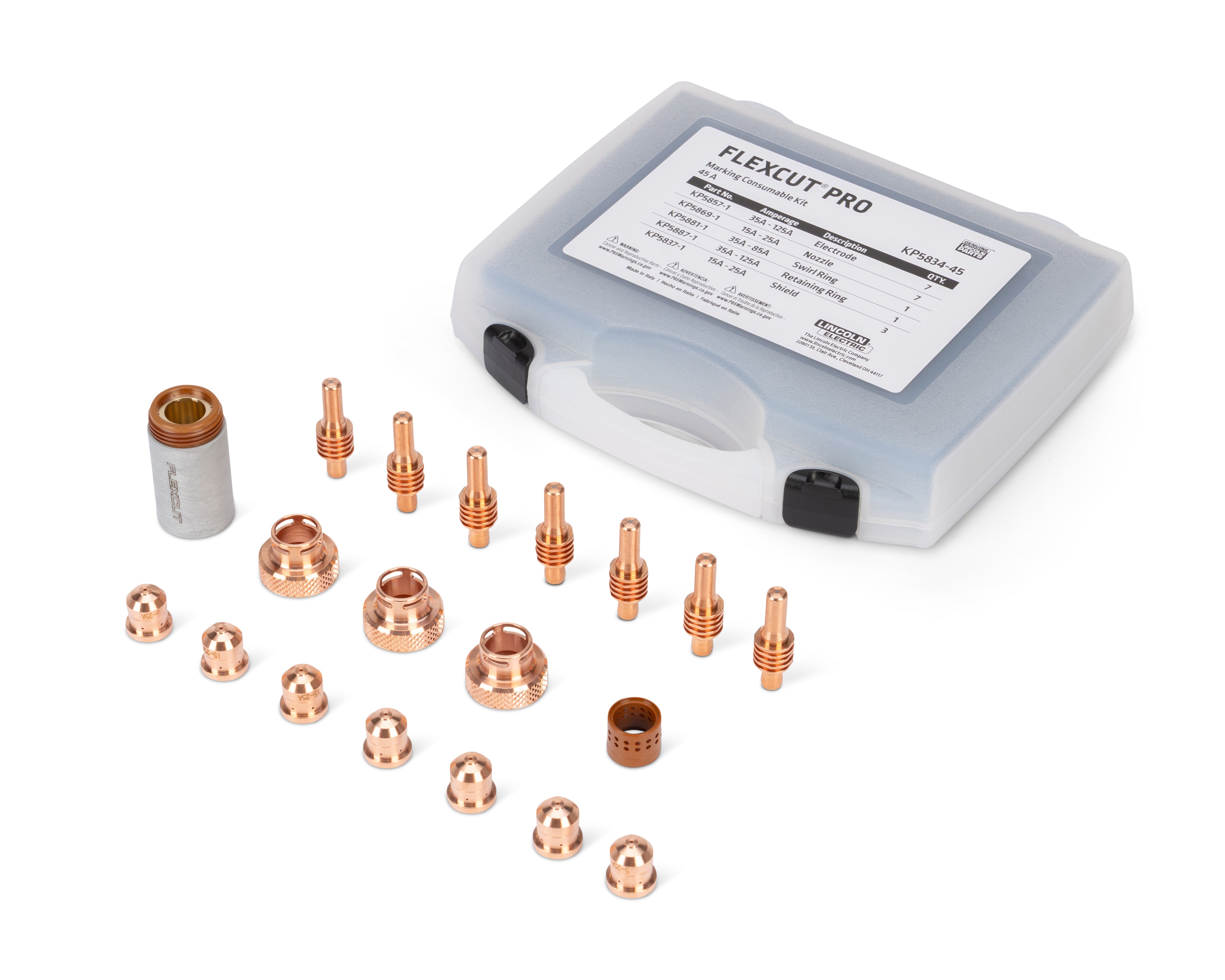 Lincoln FlexCut PRO 45A Marking Consumables Kit KP5834-45 with torch tips and labeled plastic Lincoln case displayed.