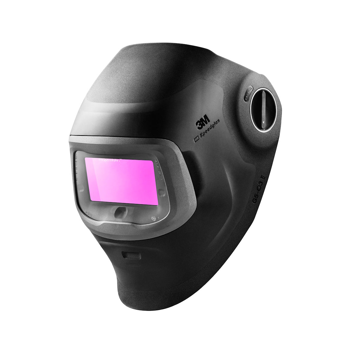 3M Speedglas G5-03 E Natural Color Welding Helmet 09-0100-20, black, angled view with distinctive pink-tinted visor.