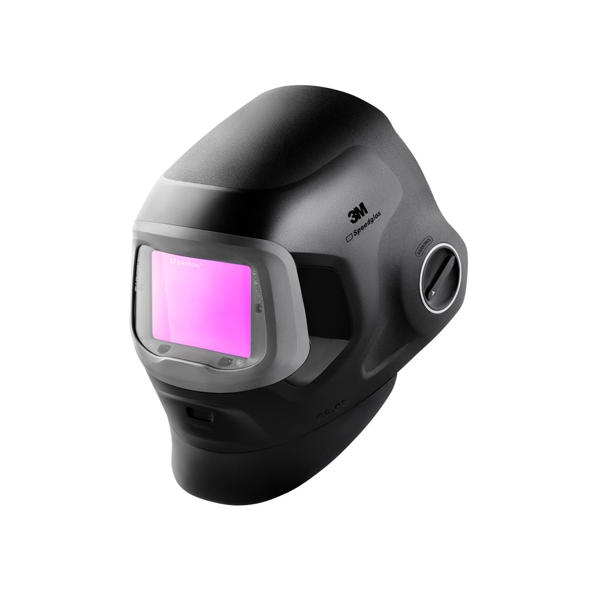 3M Speedglas G5-03 Pro Variable Color Welding Helmet 10-0100-30VC, black, large tinted visor, side adjustment knob.
